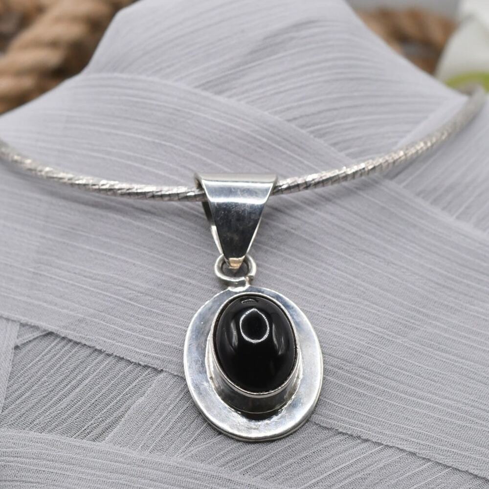 Milor Italy Sterling Silver Omega Chain Necklace Mexico 925 Black Onyx Pendant